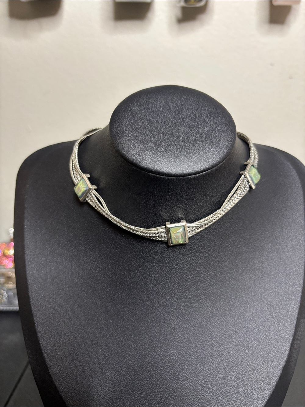 Vintage Silver Tone Multi-Strand Choker with Opal-Like Square Stones
